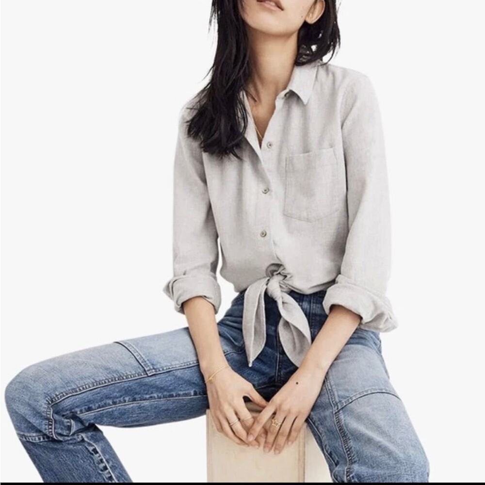Madewell 100% Cotton Tie Front Button Up Shirt Gray Small Casual Minimalist